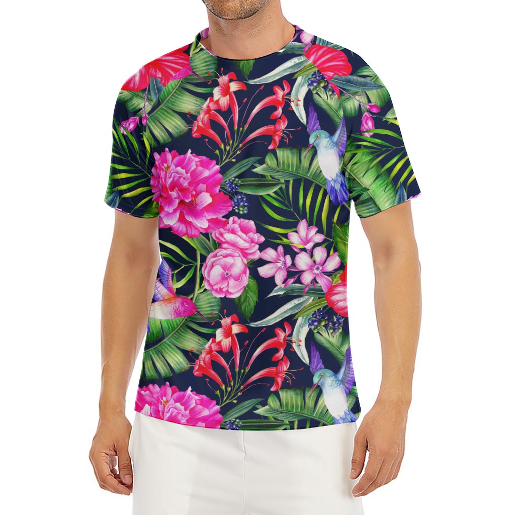 Hawaiian Tropical Birds Pattern Print Men's Short Sleeve Rash Guard