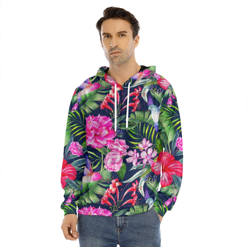 Hawaiian Tropical Birds Pattern Print Men's Velvet Pullover Hoodie