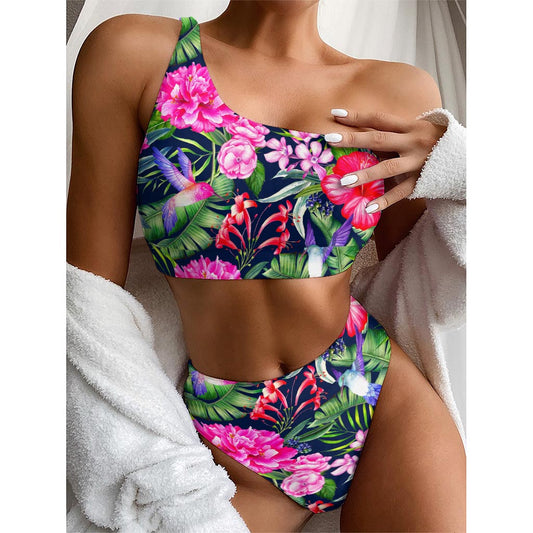 Hawaiian Tropical Birds Pattern Print One Shoulder Bikini Top
