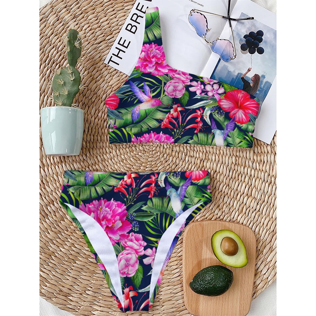 Hawaiian Tropical Birds Pattern Print One Shoulder Bikini Top