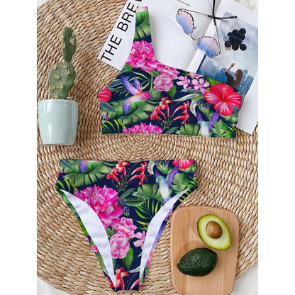 Hawaiian Tropical Birds Pattern Print One Shoulder Bikini Top