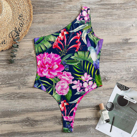 Hawaiian Tropical Birds Pattern Print One Shoulder Bodysuit