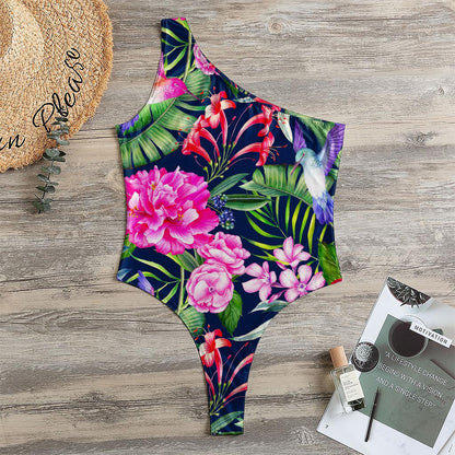 Hawaiian Tropical Birds Pattern Print One Shoulder Bodysuit