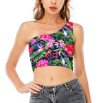 Hawaiian Tropical Birds Pattern Print One Shoulder Crop Top
