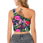 Hawaiian Tropical Birds Pattern Print One Shoulder Crop Top