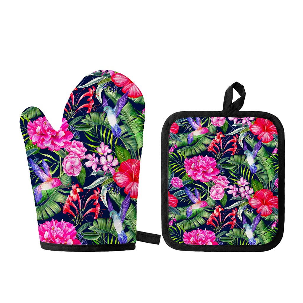 Hawaiian Tropical Birds Pattern Print Oven Mitt And Pot Holder Set