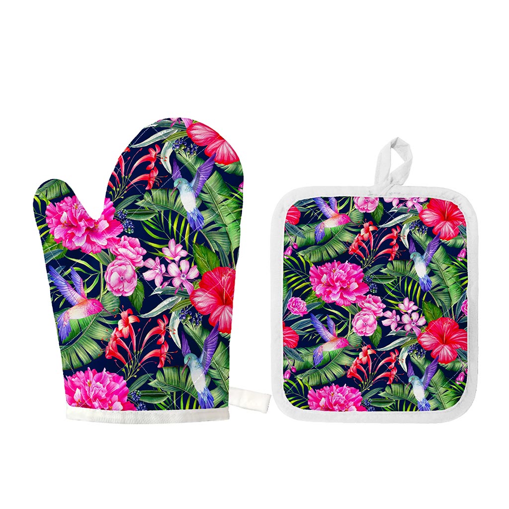 Hawaiian Tropical Birds Pattern Print Oven Mitt And Pot Holder Set