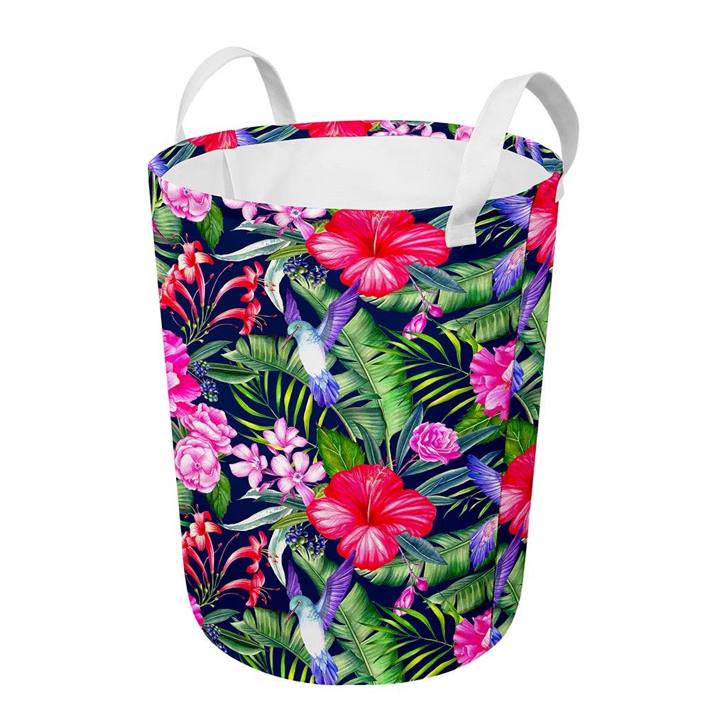 Hawaiian Tropical Birds Pattern Print Round Laundry Basket