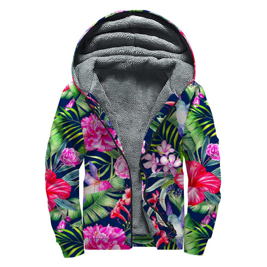 Hawaiian Tropical Birds Pattern Print Sherpa Lined Zip Up Hoodie