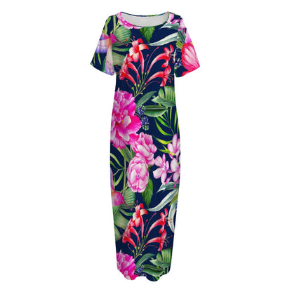 Hawaiian Tropical Birds Pattern Print Short Sleeve Long Nightdress
