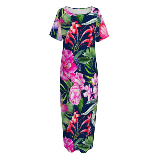 Hawaiian Tropical Birds Pattern Print Short Sleeve Long Nightdress