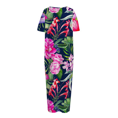 Hawaiian Tropical Birds Pattern Print Short Sleeve Long Nightdress