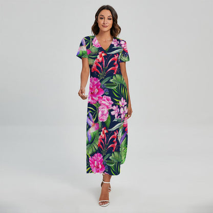 Hawaiian Tropical Birds Pattern Print Short Sleeve Maxi Dress