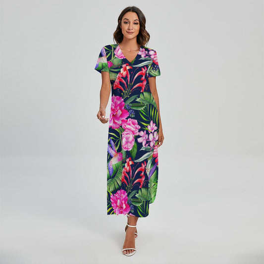 Hawaiian Tropical Birds Pattern Print Short Sleeve Maxi Dress