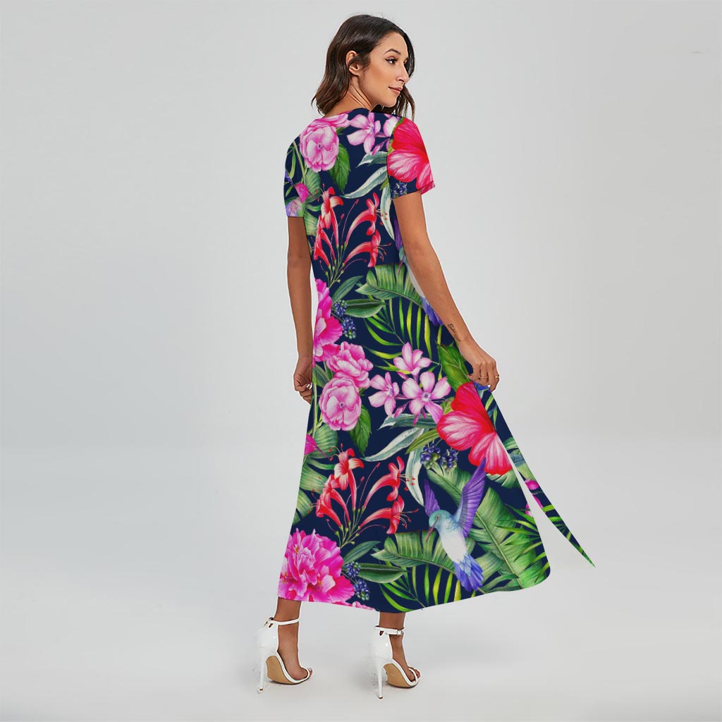 Hawaiian Tropical Birds Pattern Print Short Sleeve Maxi Dress
