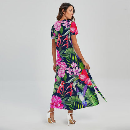 Hawaiian Tropical Birds Pattern Print Short Sleeve Maxi Dress