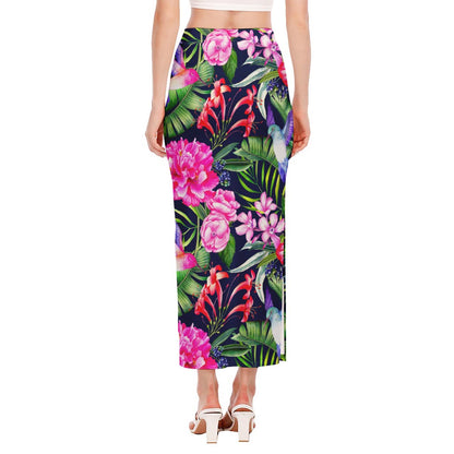 Hawaiian Tropical Birds Pattern Print Side Slit Maxi Skirt