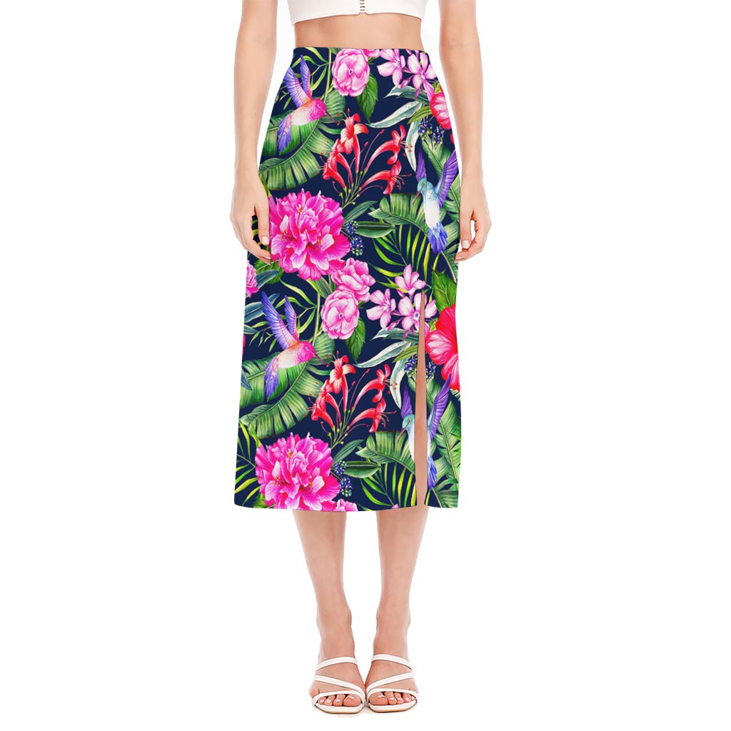 Hawaiian Tropical Birds Pattern Print Side Slit Midi Skirt