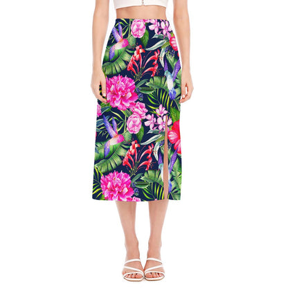 Hawaiian Tropical Birds Pattern Print Side Slit Midi Skirt