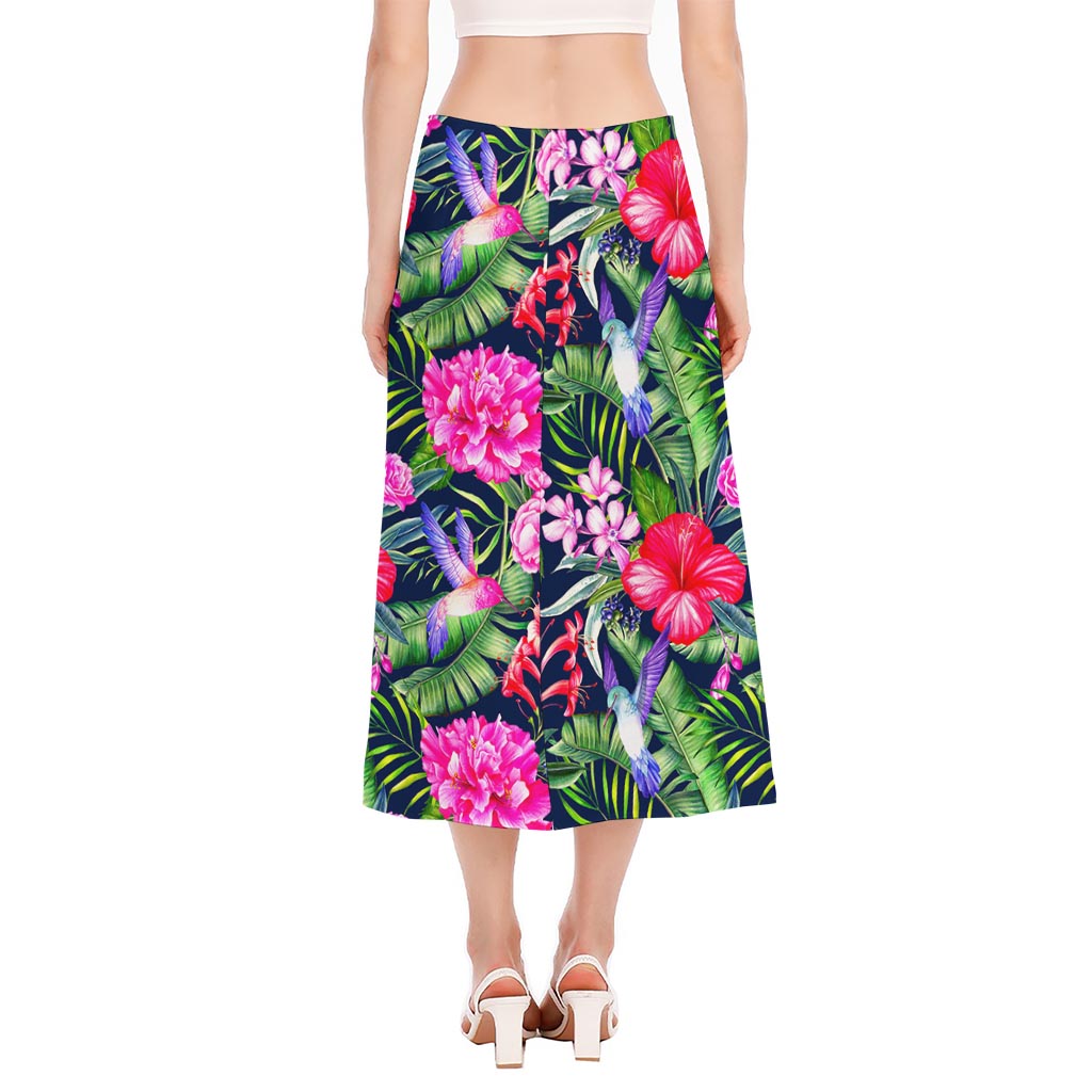 Hawaiian Tropical Birds Pattern Print Side Slit Midi Skirt