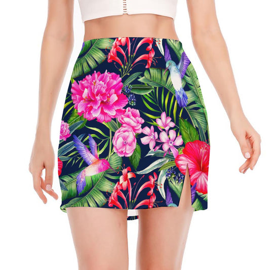Hawaiian Tropical Birds Pattern Print Side Slit Mini Skirt
