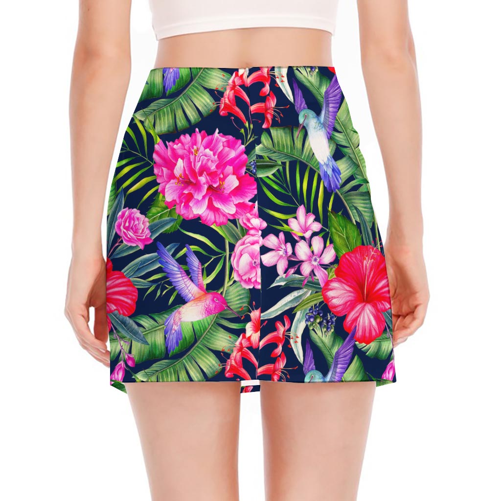 Hawaiian Tropical Birds Pattern Print Side Slit Mini Skirt