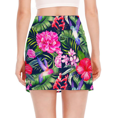Hawaiian Tropical Birds Pattern Print Side Slit Mini Skirt