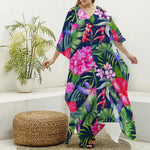 Hawaiian Tropical Birds Pattern Print Silk V-Neck Kaftan Dress