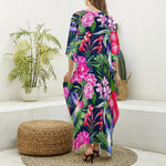 Hawaiian Tropical Birds Pattern Print Silk V-Neck Kaftan Dress