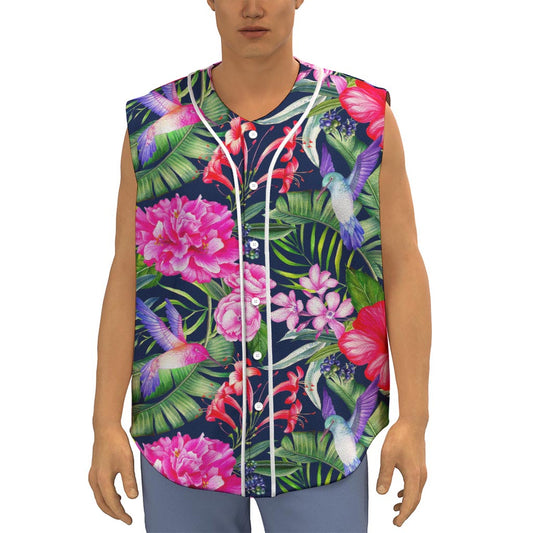 Hawaiian Tropical Birds Pattern Print Sleeveless Baseball Jersey