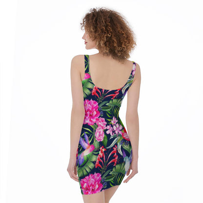 Hawaiian Tropical Birds Pattern Print Sleeveless Bodycon Dress