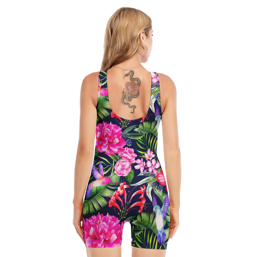 Hawaiian Tropical Birds Pattern Print Sleeveless One Piece Swimsuit