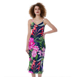 Hawaiian Tropical Birds Pattern Print Slim Fit Midi Cami Dress