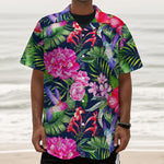 Hawaiian Tropical Birds Pattern Print Textured Short Sleeve Shirt