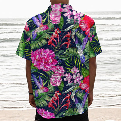 Hawaiian Tropical Birds Pattern Print Textured Short Sleeve Shirt