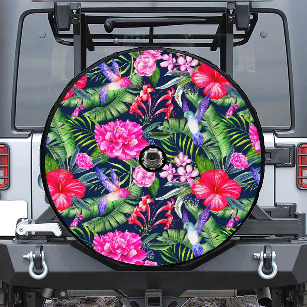 Hawaiian Tropical Birds Pattern Print Tire Cover With Camera Hole