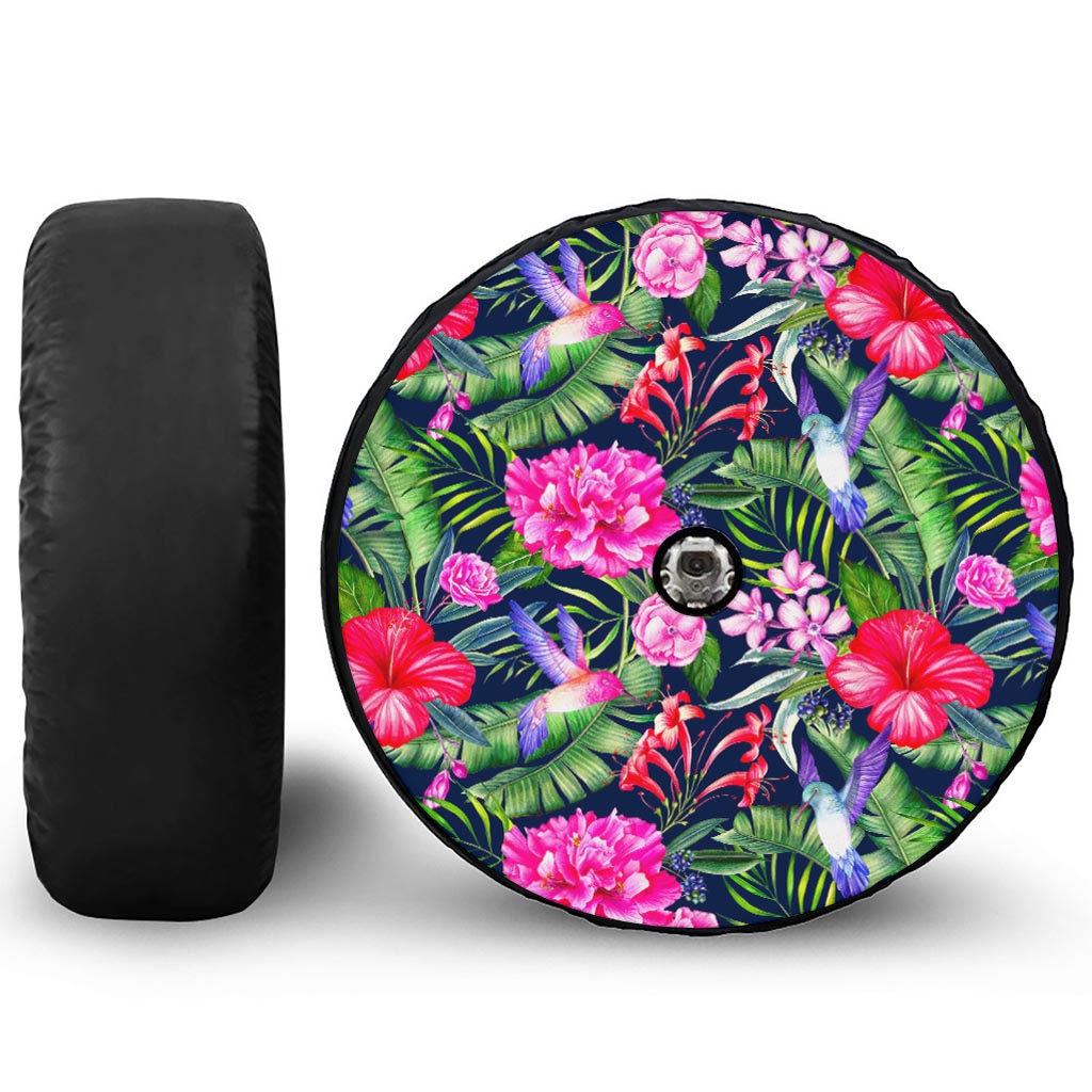 Hawaiian Tropical Birds Pattern Print Tire Cover With Camera Hole
