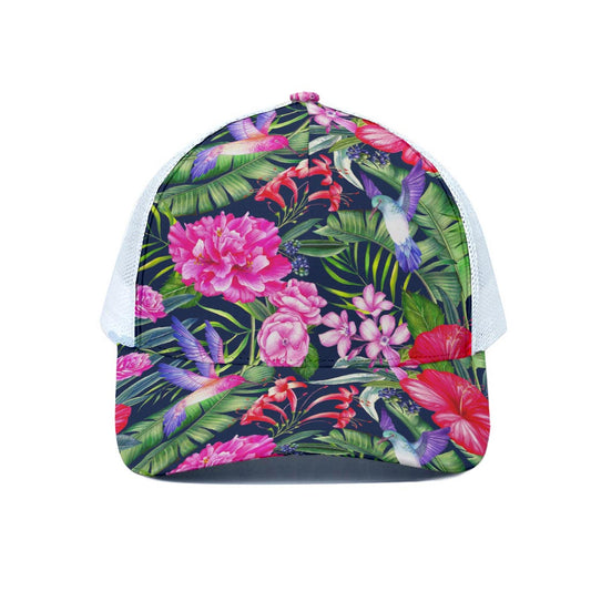 Hawaiian Tropical Birds Pattern Print White Mesh Trucker Cap