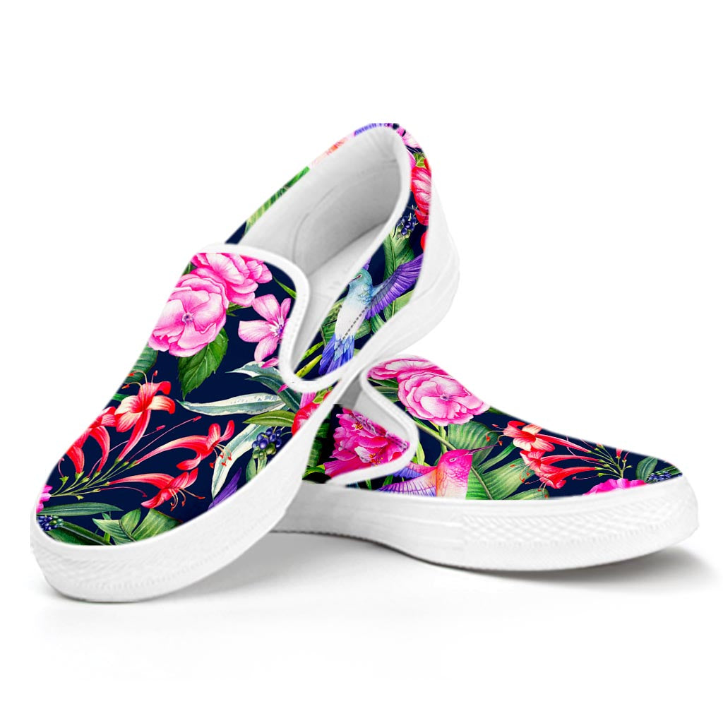 Hawaiian Tropical Birds Pattern Print White Slip On Sneakers