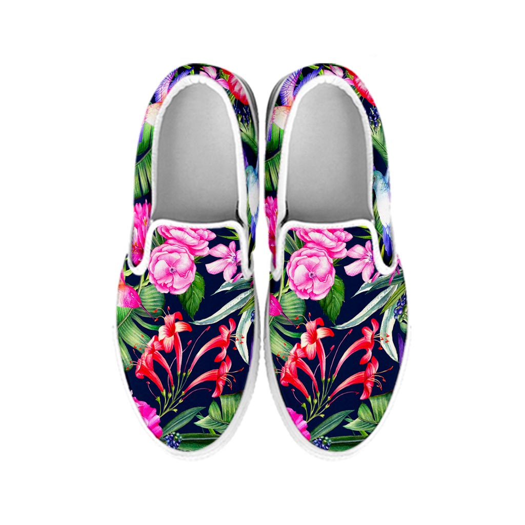 Hawaiian Tropical Birds Pattern Print White Slip On Sneakers