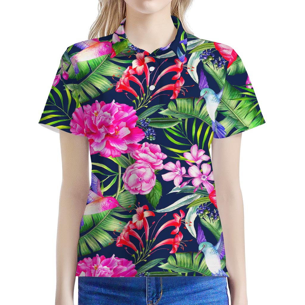 Hawaiian Tropical Birds Pattern Print Women's Polo Shirt