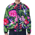 Hawaiian Tropical Birds Pattern Print Zip Sleeve Bomber Jacket