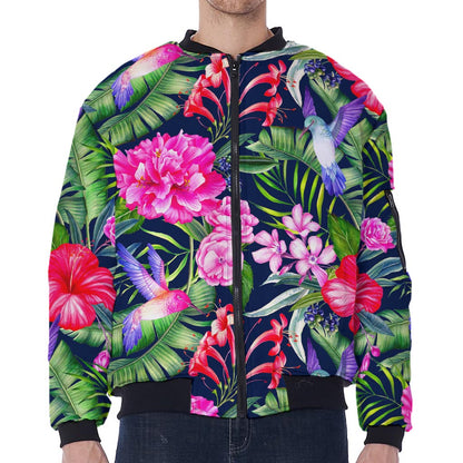 Hawaiian Tropical Birds Pattern Print Zip Sleeve Bomber Jacket