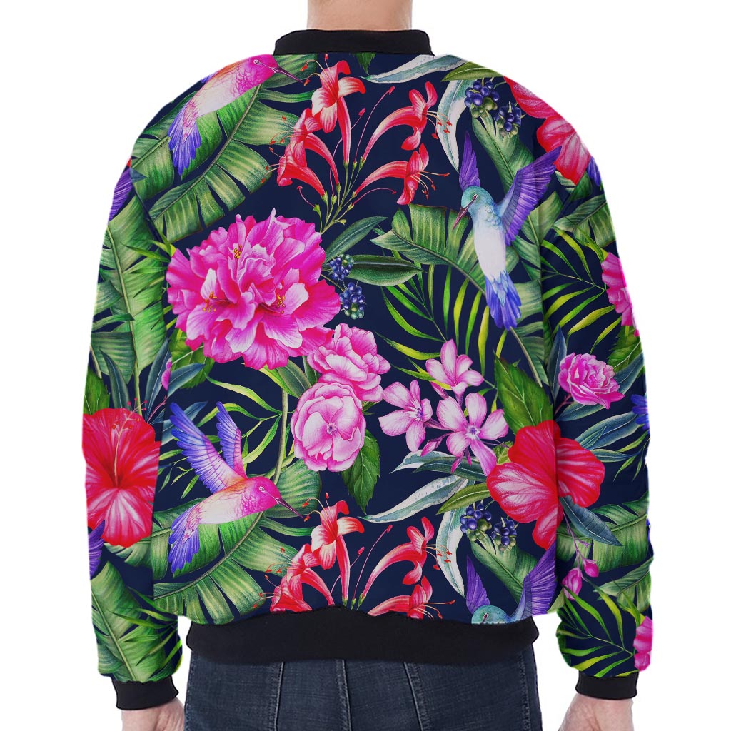 Hawaiian Tropical Birds Pattern Print Zip Sleeve Bomber Jacket