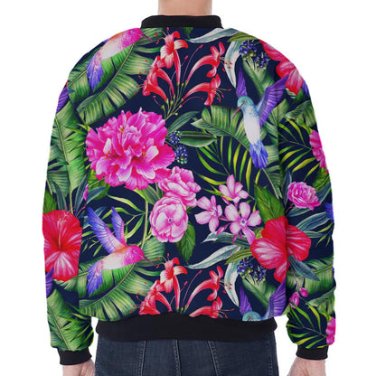 Hawaiian Tropical Birds Pattern Print Zip Sleeve Bomber Jacket