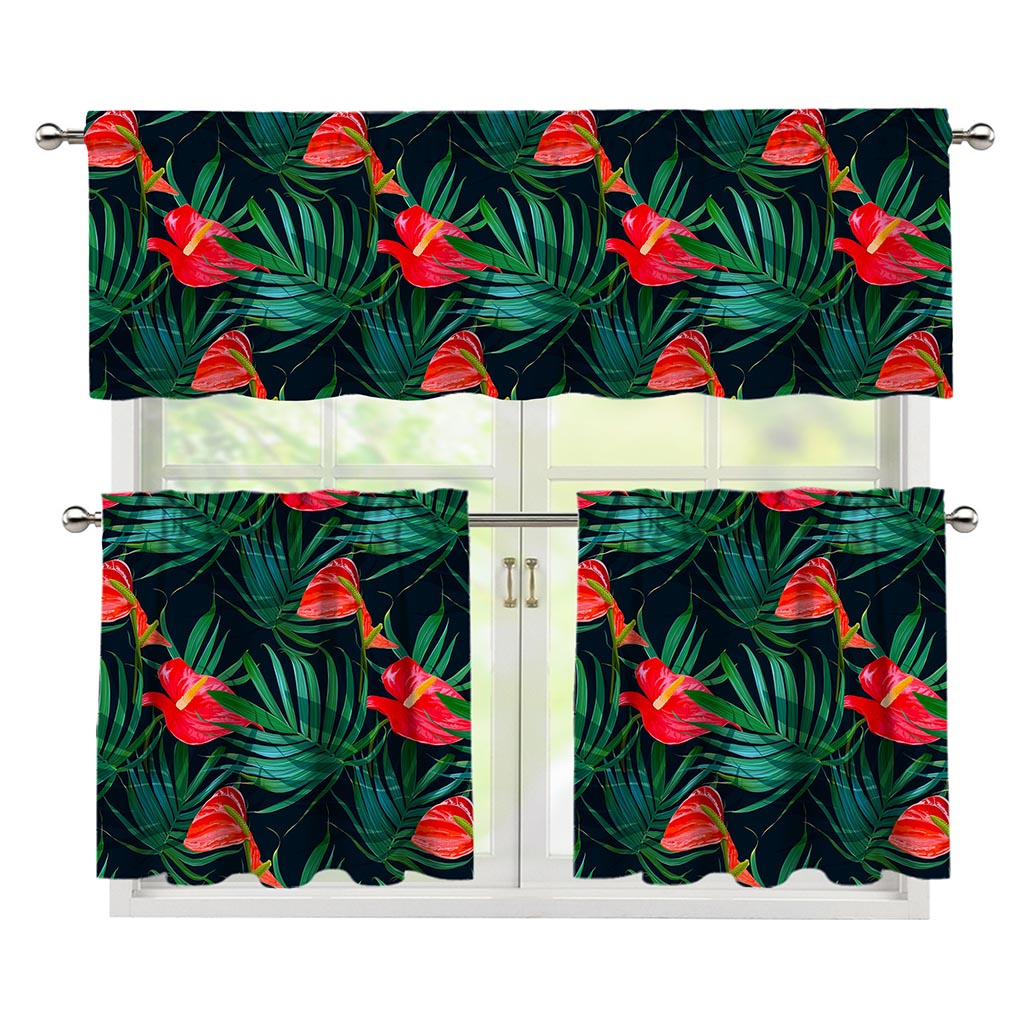 Hawaiian Tropical Flowers Pattern Print 3 Piece Kitchen Curtains