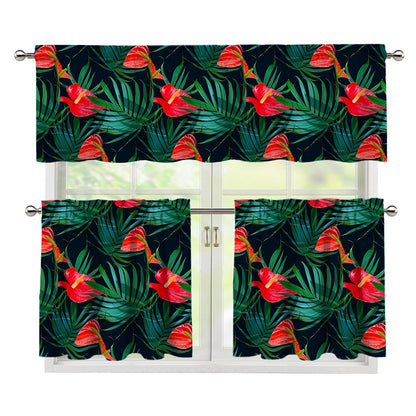 Hawaiian Tropical Flowers Pattern Print 3 Piece Kitchen Curtains