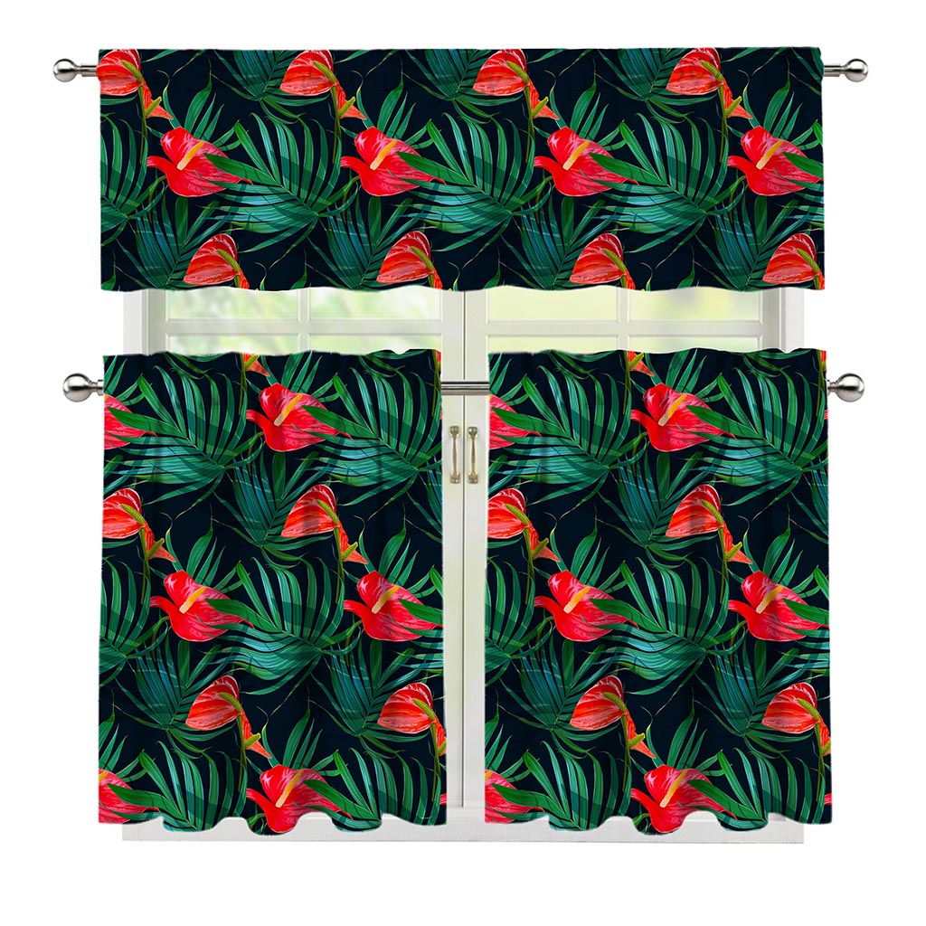 Hawaiian Tropical Flowers Pattern Print 3 Piece Kitchen Curtains