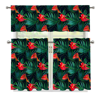 Hawaiian Tropical Flowers Pattern Print 3 Piece Kitchen Curtains