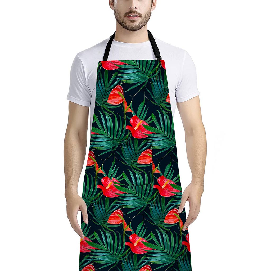 Hawaiian Tropical Flowers Pattern Print Bib Apron With Pocket